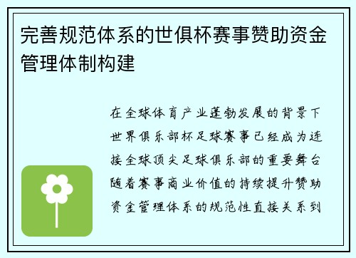 完善规范体系的世俱杯赛事赞助资金管理体制构建